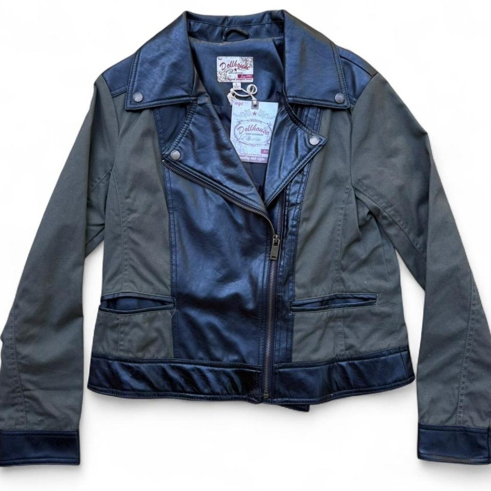 Dollhouse NYC Women's Mixed Media Moto Jacket Faux Leather & Cotton Large NWT